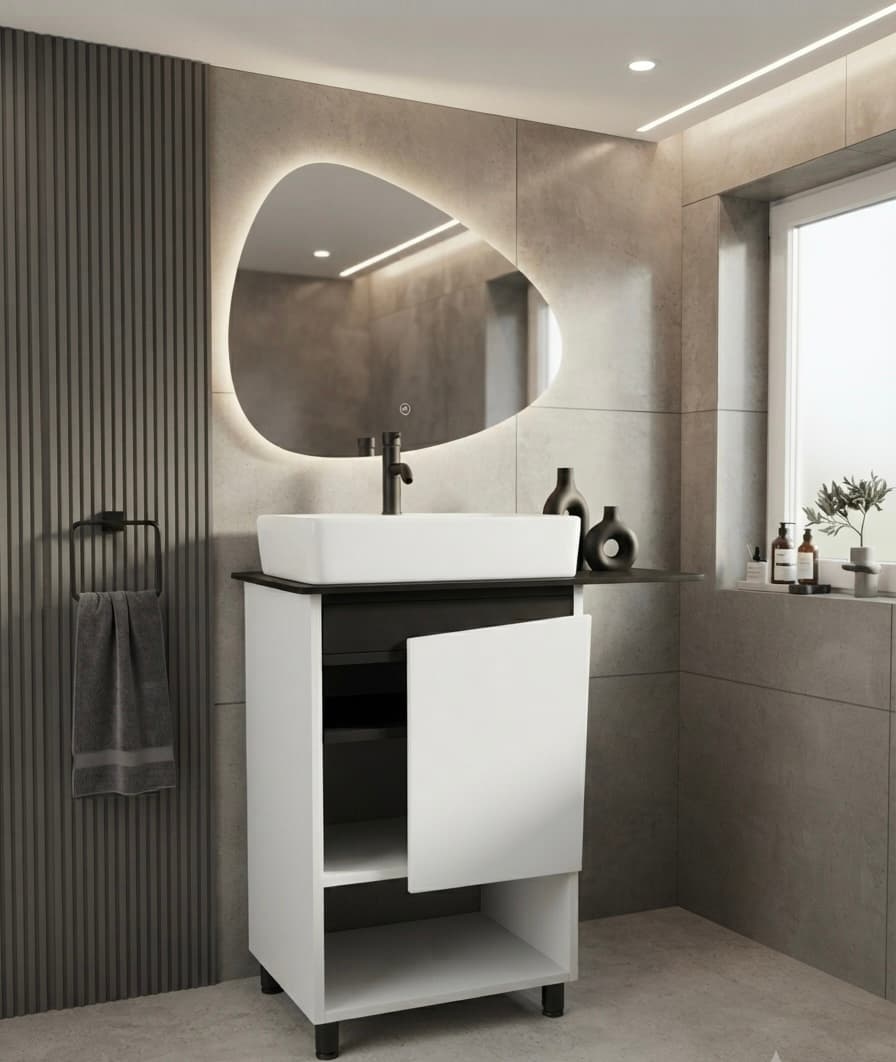 Mueblé de Melamina de 44x48cm con base de Porcelanato y Lavamanos Briggs.