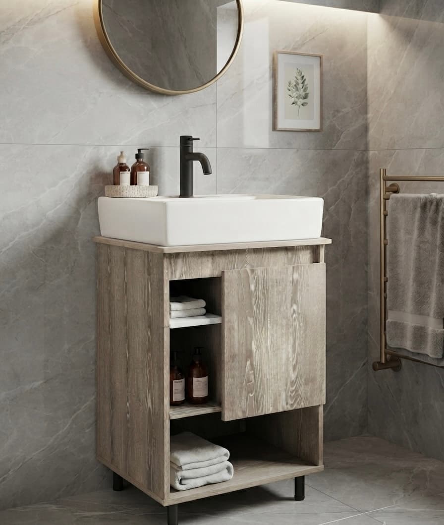 Organizador Moderno de baño con base de Porcelanato boleado, incluido lavamanos y grifería para agua fría.
